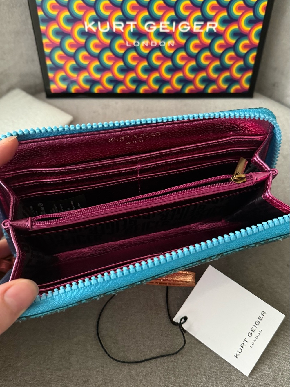Kurt Geiger Teal Patterned Wallet with Pink Logo Patch - Picture 4 of 7